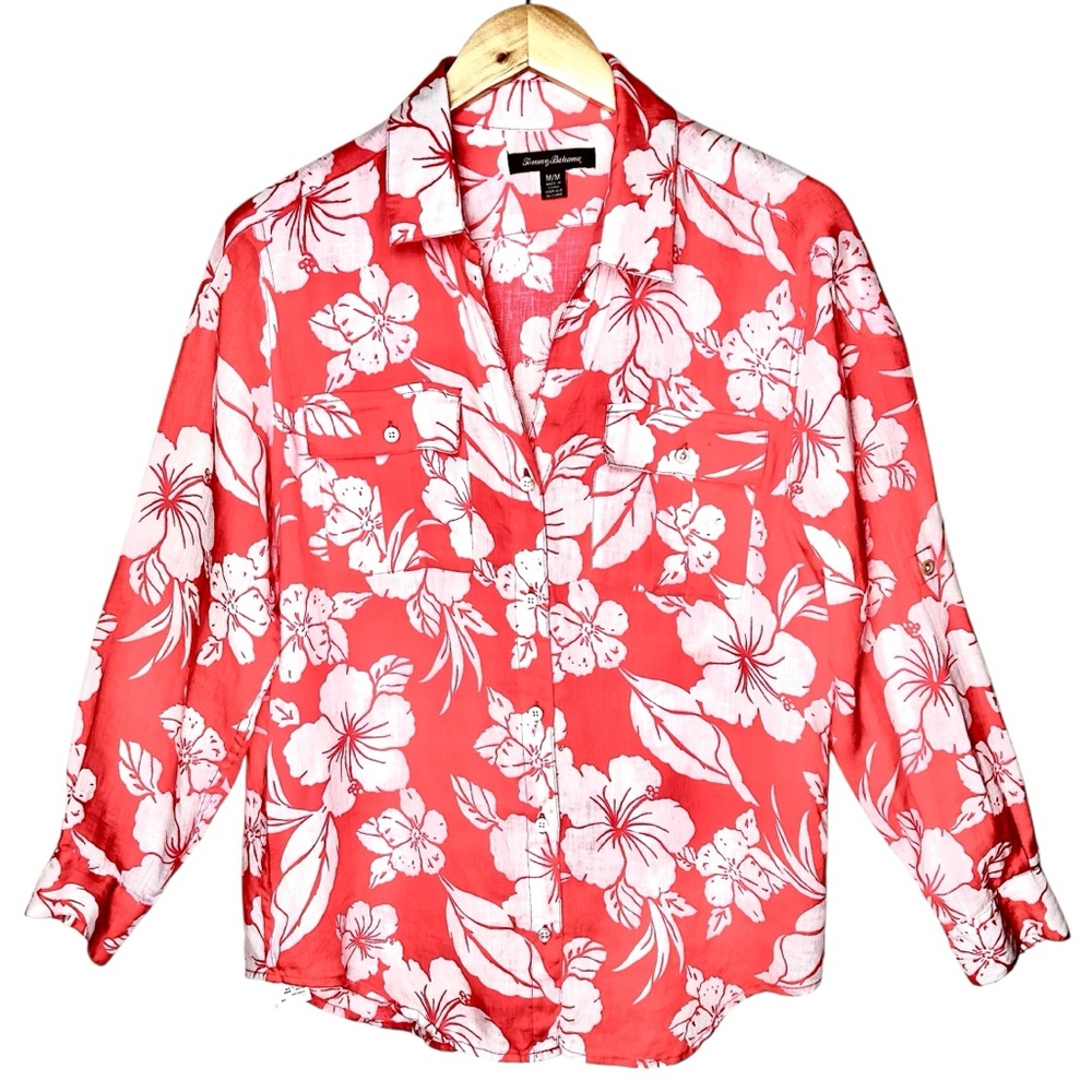 Tommy Bahama Linen Hibiscus Floral Shirt Pink‎ Coral Roll Tab Resort Sz M